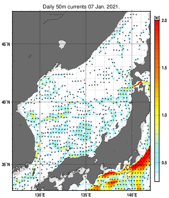 日本海の深さ50mの海流分布図（1月7日）