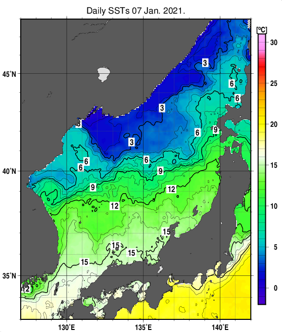 日本海の海面水温分布図（1月7日）