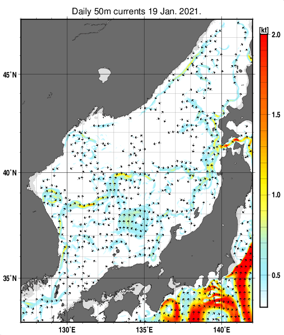 日本海の深さ50mの海流分布図（1月19日）