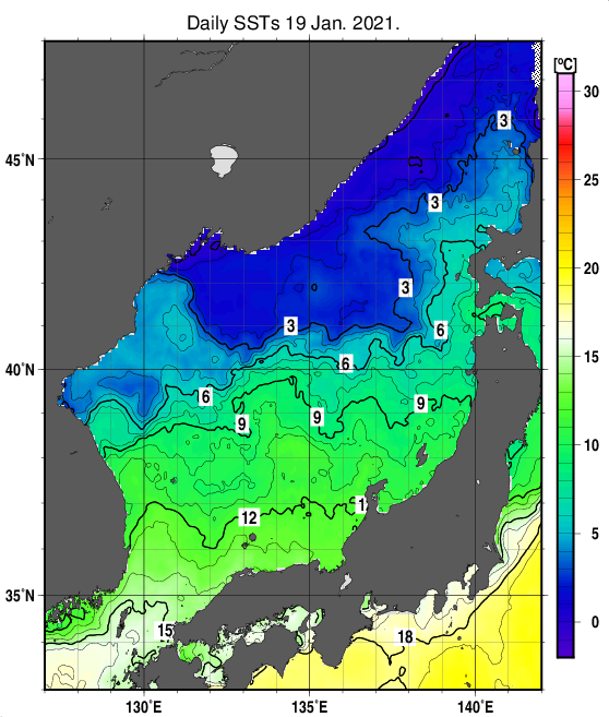 日本海の海面水温分布図（1月19日）