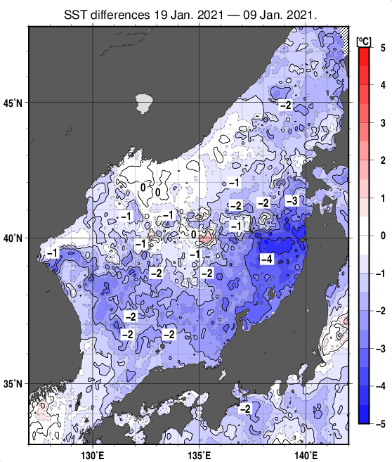 日本海の10日間の海面水温変化量分布図（1月19日）