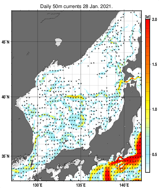 日本海の深さ50mの海流分布図（1月28日）