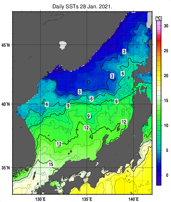 日本海の海面水温分布図（1月28日）