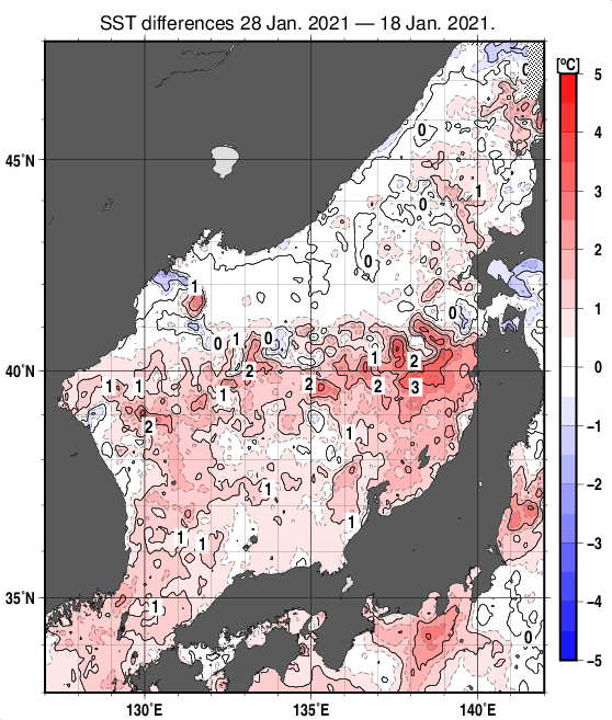 日本海の10日間の海面水温変化量分布図（1月28日）