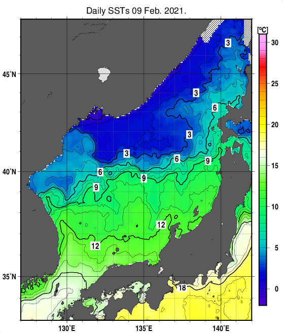 日本海の海面水温分布図（2月9日）