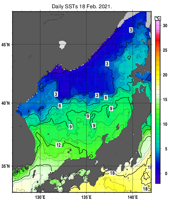 日本海の海面水温分布図（2月18日）