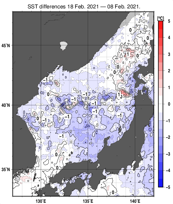 日本海の10日間の海面水温変化量分布図（2月18日）