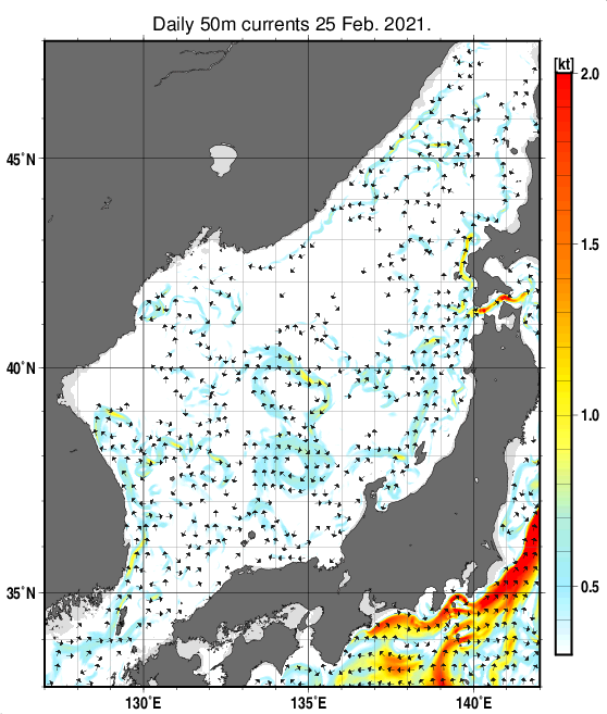 日本海の深さ50mの海流分布図（2月25日）