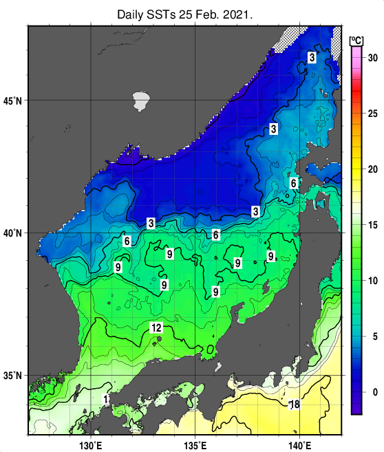 日本海の海面水温分布図（2月25日）