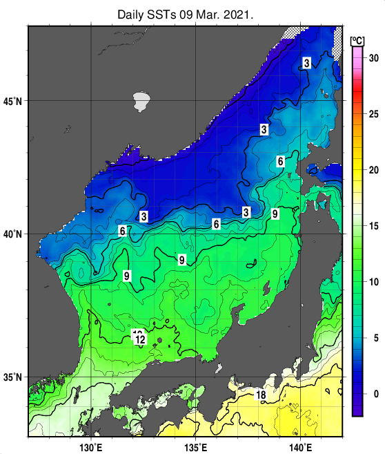 日本海の海面水温分布図（3月9日）