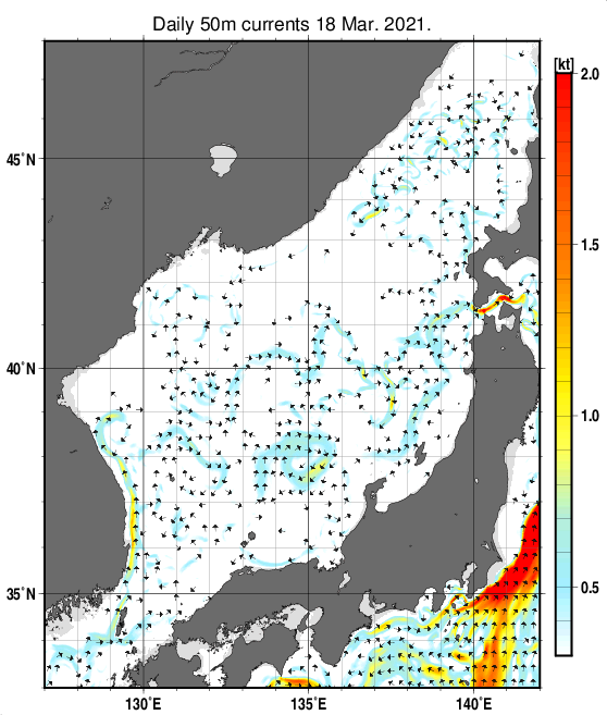 日本海の深さ50mの海流分布図（3月18日）