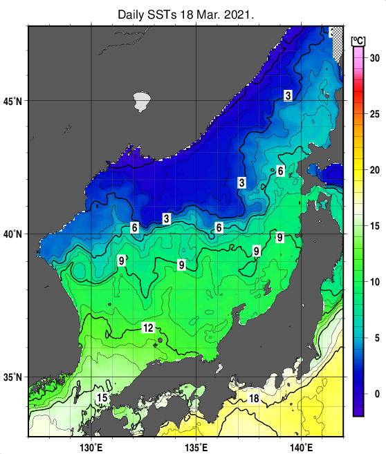 日本海の海面水温分布図（3月18日）