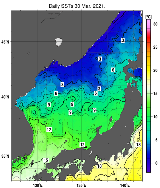 日本海の海面水温分布図（3月30日）