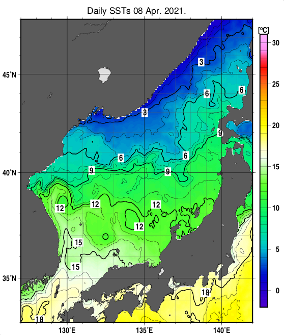 日本海の海面水温分布図（4月8日）