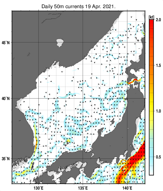 日本海の深さ50mの海流分布図（4月19日）