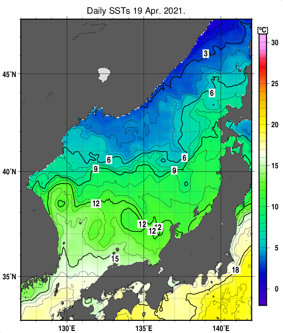 日本海の海面水温分布図（4月19日）