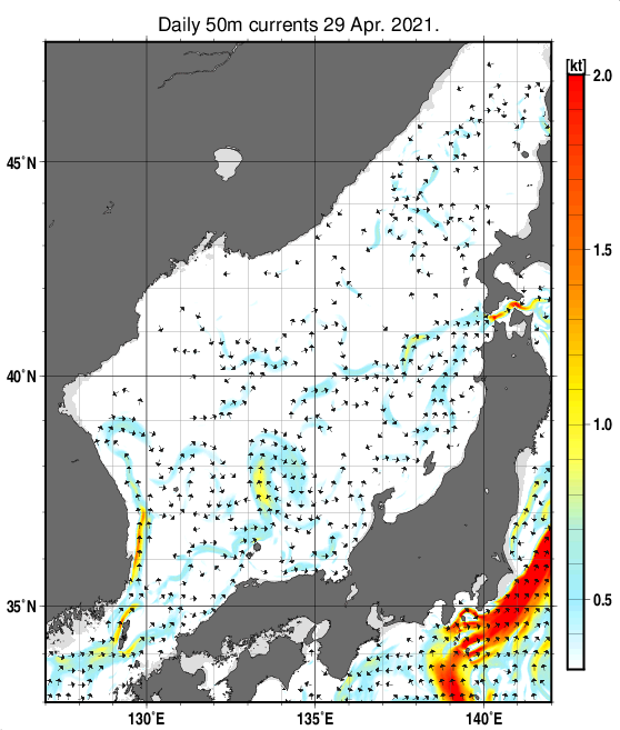 日本海の深さ50mの海流分布図（4月29日）