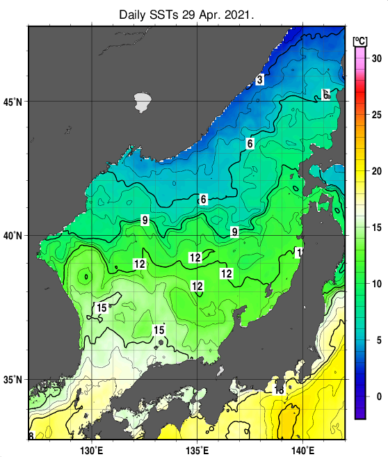 日本海の海面水温分布図（4月29日）