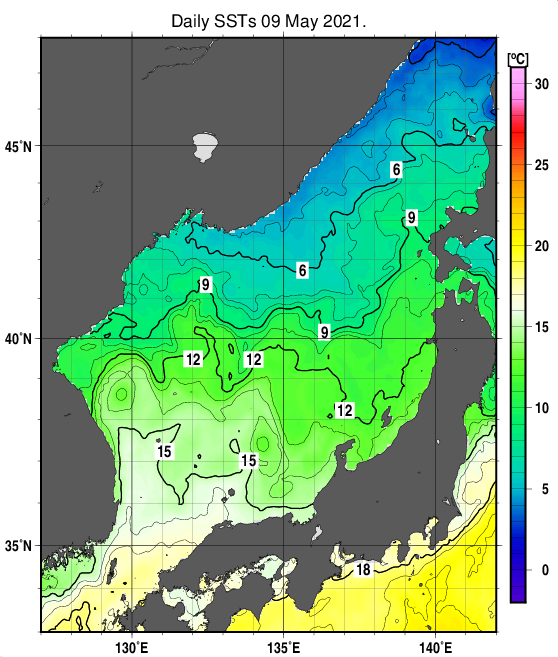 日本海の海面水温分布図（5月9日）