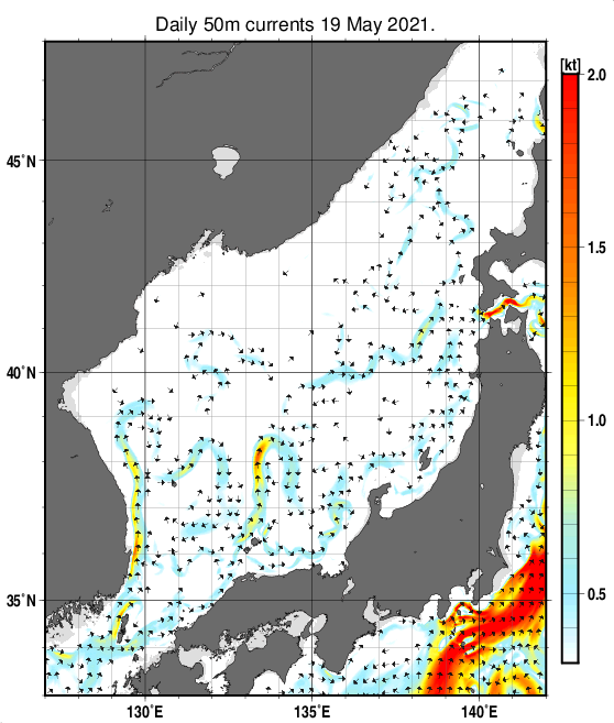 日本海の深さ50mの海流分布図（5月19日）