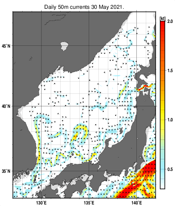 日本海の深さ50mの海流分布図（5月30日）