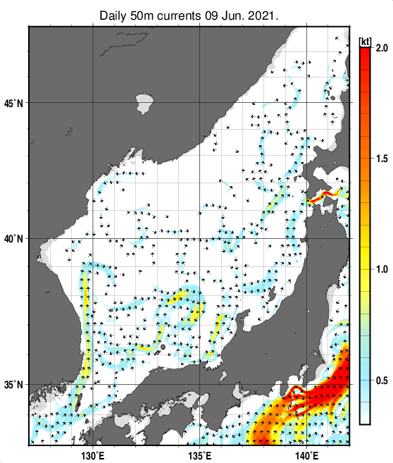 日本海の深さ50mの海流分布図（6月9日）