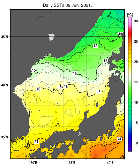 日本海の海面水温分布図（6月9日）