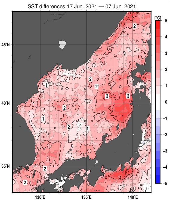 日本海の10日間の海面水温変化量分布図（6月17日）