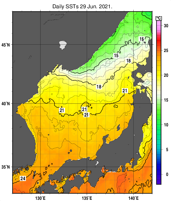 日本海の海面水温分布図（6月29日）