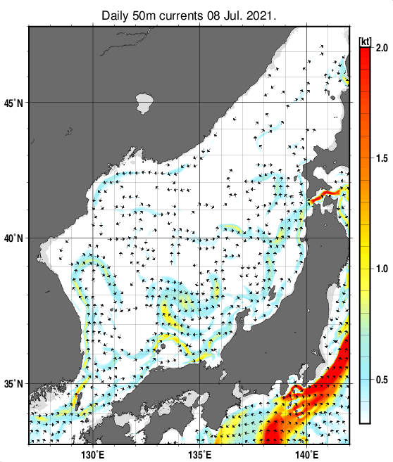 日本海の深さ50mの海流分布図（7月8日）