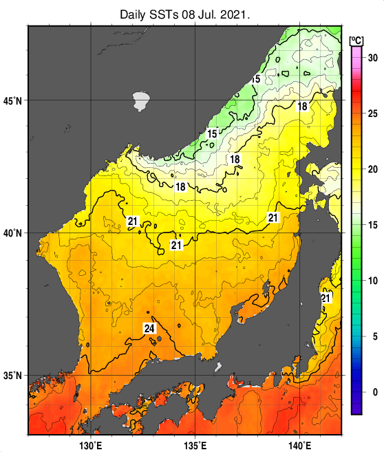 日本海の海面水温分布図（7月8日）