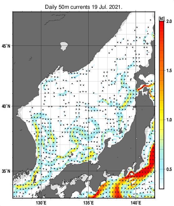 日本海の深さ50mの海流分布図（7月19日）