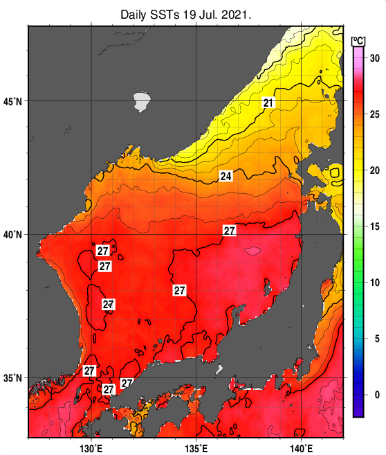 日本海の海面水温分布図（7月19日）