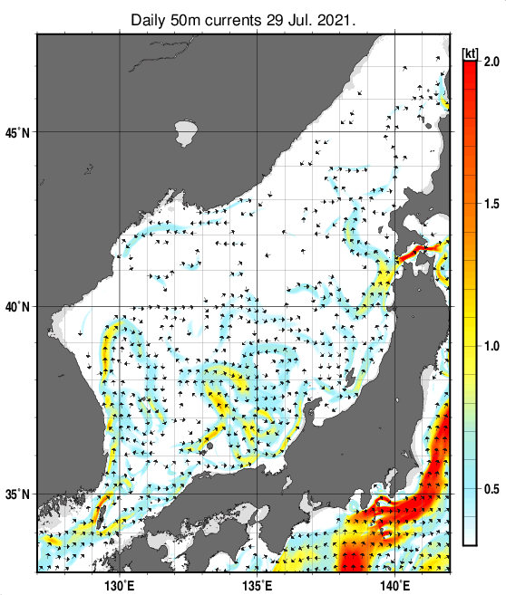 日本海の深さ50mの海流分布図（7月29日）