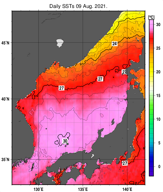 日本海の海面水温分布図（8月9日）