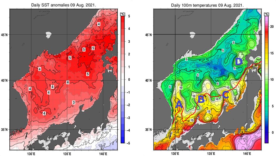 日本海の海面水温平年差分布図および深さ100mの水温分布図（8月9日）