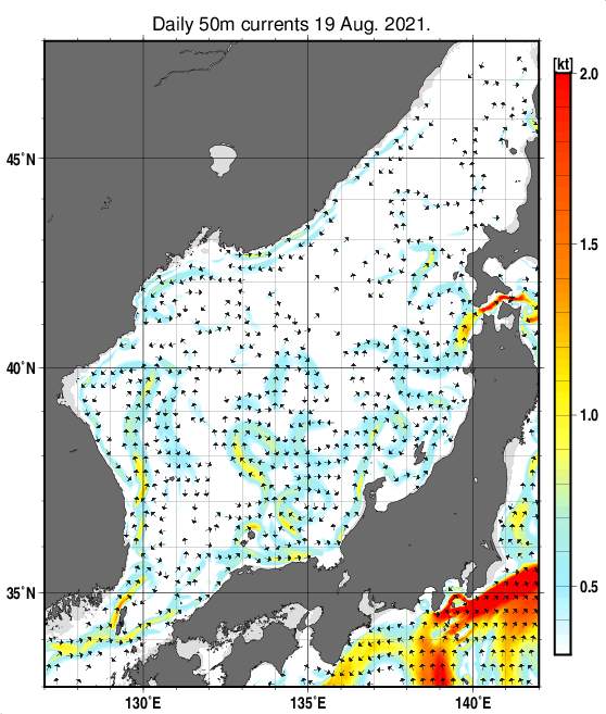 日本海の深さ50mの海流分布図（8月19日）