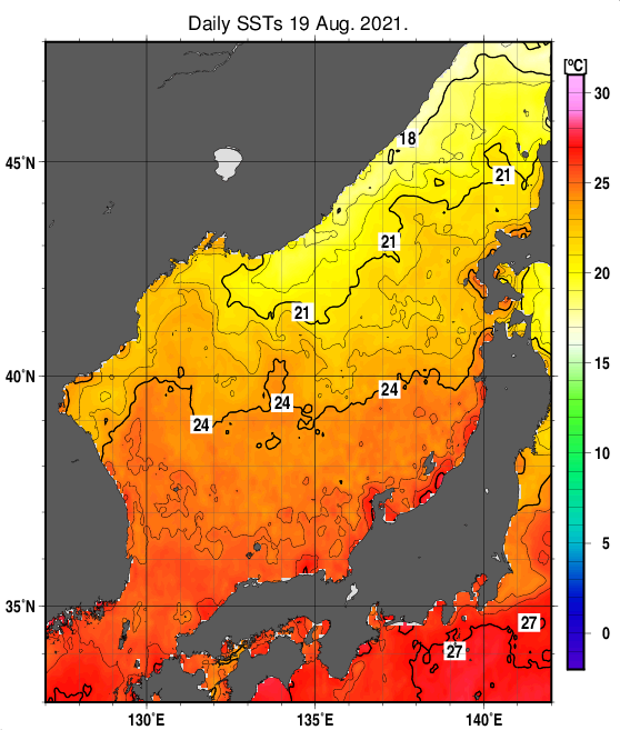 日本海の海面水温分布図（8月19日）