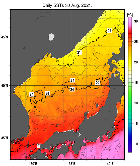 日本海の海面水温分布図（8月30日）