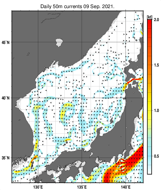 日本海の深さ50mの海流分布図（9月9日）