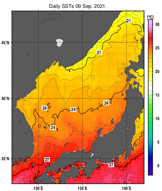 日本海の海面水温分布図（9月9日）