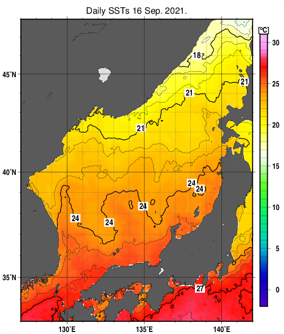 日本海の海面水温分布図（9月16日）