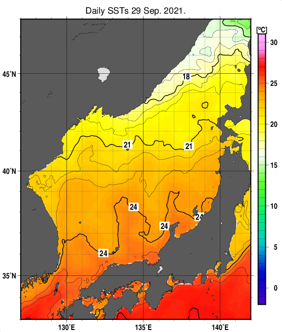 日本海の海面水温分布図（9月29日）