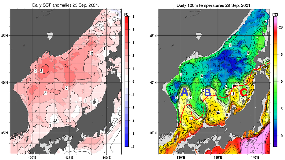 日本海の海面水温平年差分布図および深さ100mの水温分布図（9月29日）
