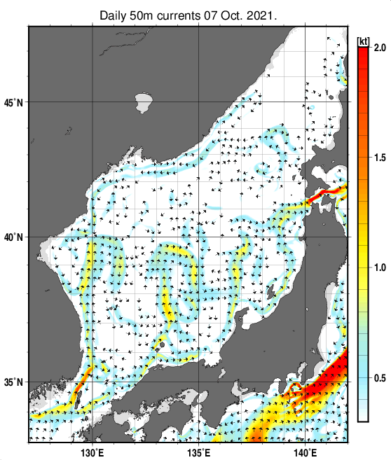 日本海の深さ50mの海流分布図（10月7日）