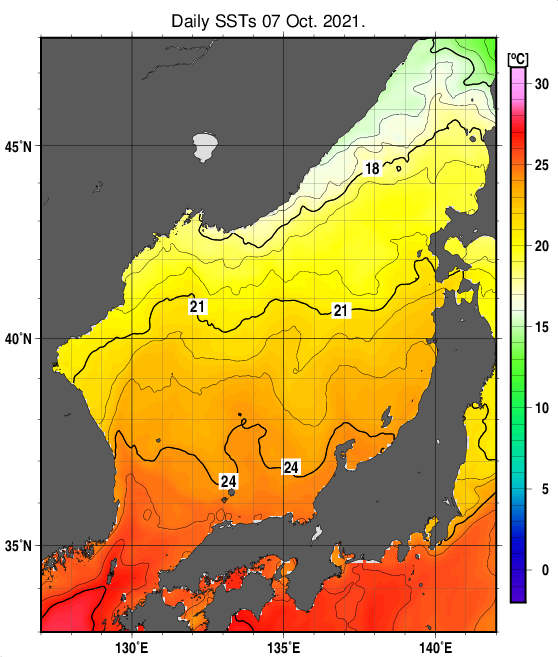 日本海の海面水温分布図（10月7日）