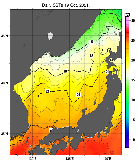 日本海の海面水温分布図（10月19日）