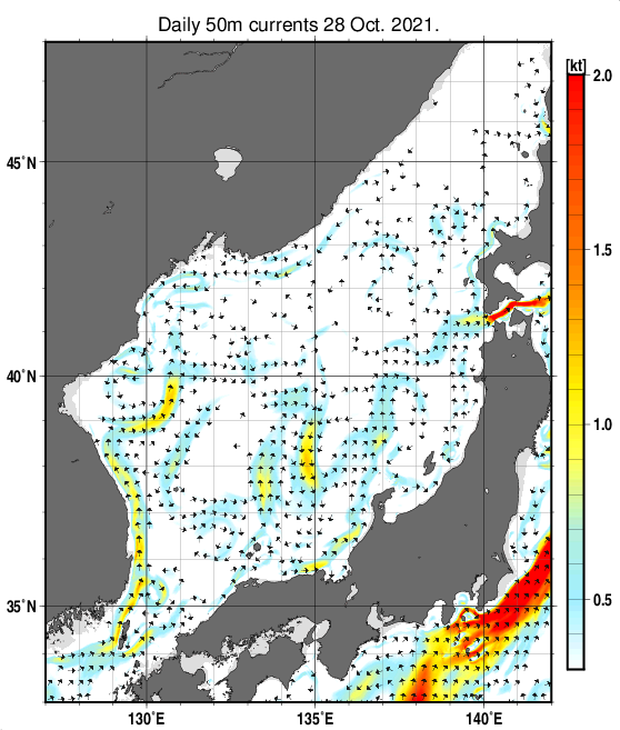 日本海の深さ50mの海流分布図（10月28日）