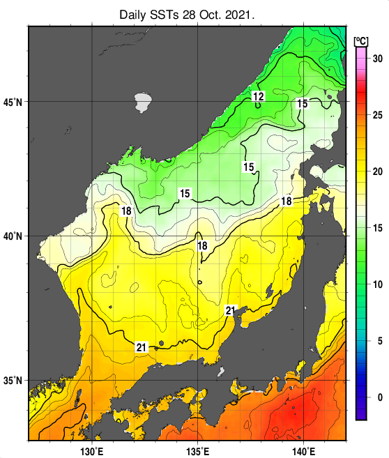 日本海の海面水温分布図（10月28日）