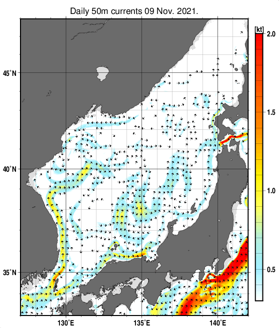 日本海の深さ50mの海流分布図（11月9日）